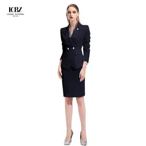 2021 Wholesale Simple Design Office Uniforms Fashion Customized Custom Navy Ladies Office Formal Suits Set For Wome