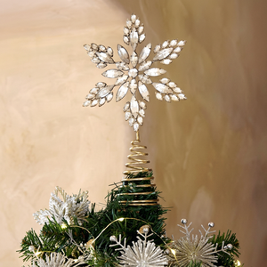 Décoration de sommet de sapin de Noël en forme de flocon de neige en cristal doré, ornée de strass vintage avec base spirale - Product Image 1