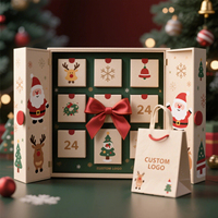 Boîte de calendrier de l'avent de Noël personnalisée avec logo, ouverture double face, ruban, nœud, impression Père Noël, renne, cloche, 24 compartiments, boîte cadeau rigide pour compte à rebours