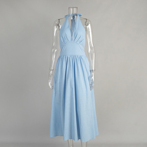 Elegante Abito Lungo Estivo da Donna, Casual con Scollo a V, Design Senza Schienale, Tessuto in Cotone Traspirante, Tinta Unita per il <span class=keywords><strong>Giorno</strong></span> - Product Image 6