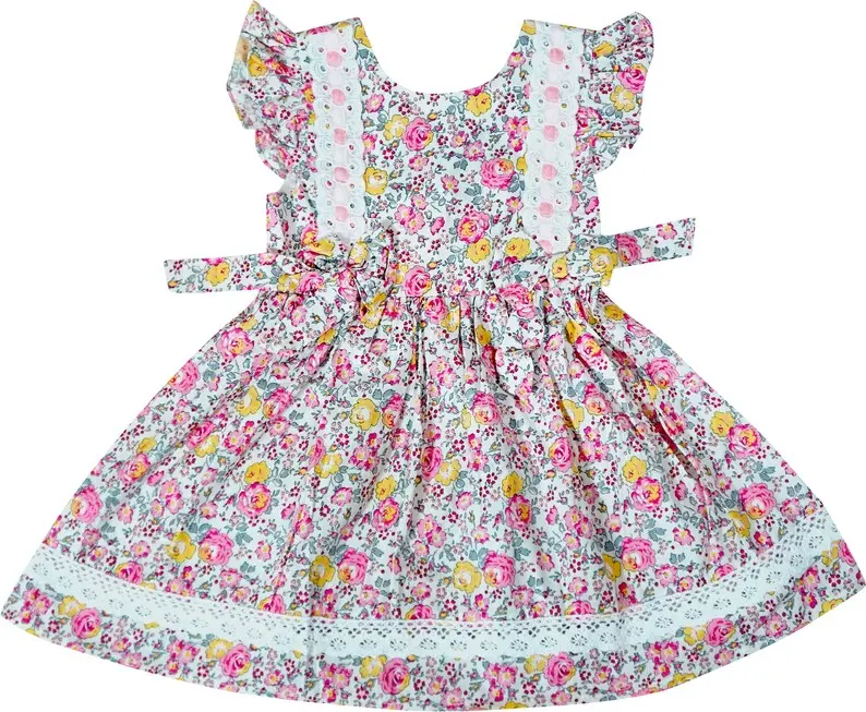 Yürümeye başlayan kızlar Vintage yaz yaylar dantel elbise çiçekler aç geri kız giyim bebek kız çocuk elbiseleri