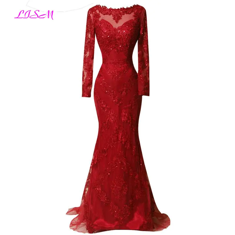 Real Photos Red Full Sleeved Evening Dress 2022 Lace Appliques Mermaid Prom Dresses Elegant Long Sweep Train Formal Party Gowns