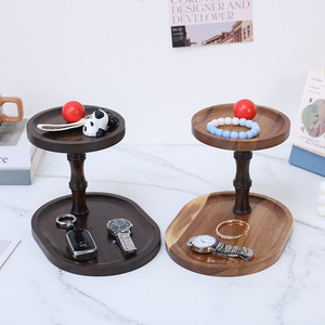 Solid Wood Double Layer <b>Storage</b> <b>Tray</b> Round Standing Type For Desktop Organizers Cosmetic And Small Item <b>Storage</b> - Product Image 3