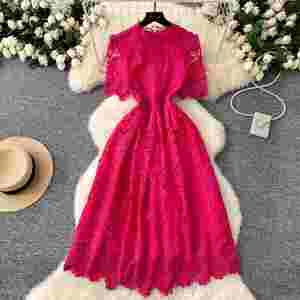 Vestido Midi Casual de Verano Estilo Vintage para Mujer, Manga Corta, Corte Imperio, con Encaje Calado, Color Negro - Product Image 1