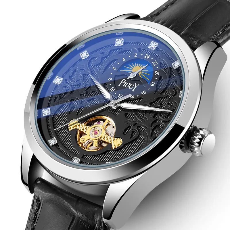 Piouy m y005 relógios de pulso masculinos, em aço inoxidável de luxo, fase da lua, esqueleto, mecânico automático, relógios de pulso