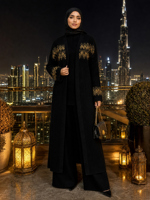 Ensemble Abaya 3 Pièces Personnalisé ODM pour Femme, Noir et Or, Tricot Fair Isle, Col Roulé, Pantalon Palazzo, Mode Modeste, Vente en Gros OEM Golfe