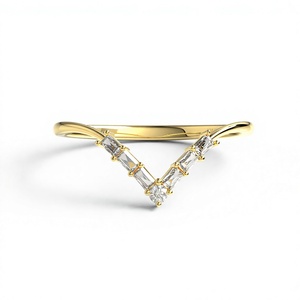 Elegant 18K Gold Plated V Shaped <b>Ring</b> Baguette and Round Diamonds <b>Ring</b> Engagement <b>Stacking</b> Band Fine Jewelry For Wome - Product Image 1