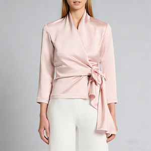 Blusa Elegante de Satén Rosa para Mujer, Estilo Formal de Oficina, para el Día y la Noche, con Cuello en V, Manga 3/4 y Cintura con Lazo - Product Image 1