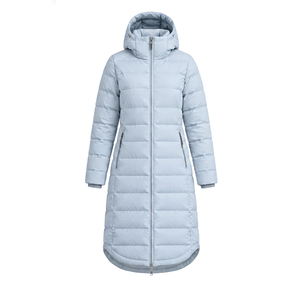 Custom Women's Ice Blue <b>Snow</b> Puffer Coat Hooded Quilted Breathable Long Winter Jacket Lightweight Insulated Silk Woven Cold - Product Image 1