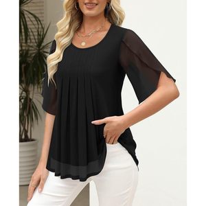 Womens Double Layered Tunic <b>Top</b> Half Sleeve Sheer <b>Flowy</b> Blouse Round Neck Casual Chiffon Shirt Everyday Wear - Product Image 4