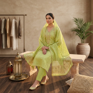Prayosha Enterprise <b>Women</b> Lime Green Embroidered Salwar Suit Set With Matching Dupatta Straight <b>Kurta</b> Pants Traditional Indian E - Product Image 3