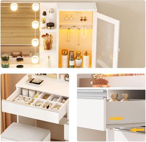 ERLEJIA Coiffeuse Moderne en Bois avec Miroir LED, 6 Tiroirs, Tabouret, Éclairage RGB et Prise de Courant - Chambre/Chambre à Coucher, <span class=keywords><strong>Blanc</strong></span> - Product Image 6