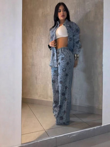 Pantalones vaqueros casuales de pierna recta con diseño de lentejuelas y flores de cuentas de estilo industrial pesado, novedad transfronteriza para mujer, primavera-otoño - Product Image 1