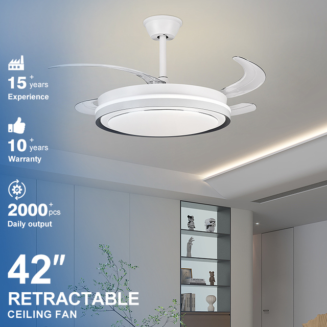 BLDC Motor High Efficiency Modern Indoor Bedroom 42W 42 Inch ABS 4 Blades Retractable Led Invisible Ceiling Fan with Light