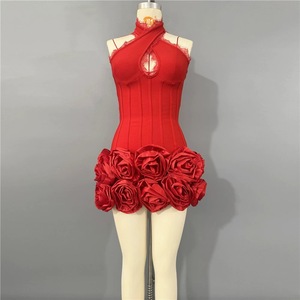 Robe mini corset florale à ourlet rose pour femme - Robe moulante à col halter avec dentelle pour femme - Mode féminine - Product Image 5