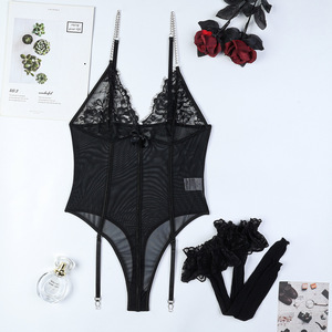 Wholesale Luxury <b>Suspender</b> Embroidered Lace Bodysuit Factory Directly See-through Bra Brief <b>Set</b> - Product Image 6