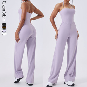 Set pakaian kasual wanita, Halter tali leher, Bodysuit olahraga, jumpsuit belakang terbuka, rompi ketat berkobar - Product Image 1