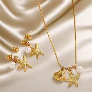 עגילי שרשרת לנשים נירוסטה כוכב ים מעטפת פנינה סט תכשיטים - Product Image 1