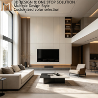 Mueble de TV de Techo Alto Estilo Italiano a Medida con Iluminación LED, Almacenamiento y Base de Mármol, Gabinetes de TV de Roble
