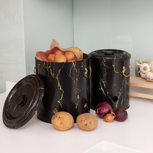 Metal Potato & Onion <b>Storage</b> <b>Bin</b> Set Dia 225x240 mm (2 Pcs ) Marble Black Marble Black Design - Product Image 3