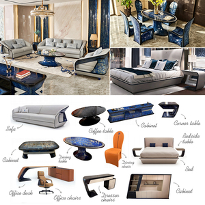 Collection de canapés et causeuses de luxe haut de gamme style <span class=keywords><strong>Bugatti</strong></span>, en cuir bleu profond et crème, mobilier sur mesure complet pour toute la maison - Product Image 5