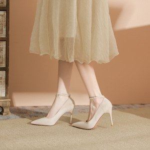 9888J Women's <b>Red</b> Suede <b>Pumps</b> Pointed Toe Ankle Strap Stiletto Heel Bridal Shoes With Pearl Bead Decoration - Product Image 3