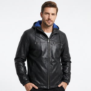 Blouson en cuir véritable noir pour homme avec doublure bleue, style motard, en cuir de vachette, avec poignets élastiques, personnalisé, classique, chaud pour l'hiver - Product Image 1