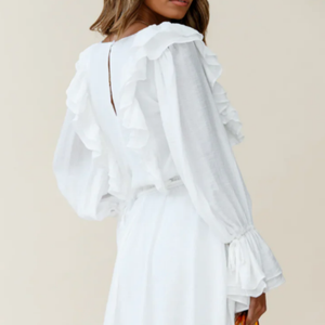 <b>White</b> Chiffon Mini Dress Deep V Neck Bell Sleeve Ruffles <b>Wrap</b> Tie A-Line Casual Summer Loose Fit OEM ODM Customized - Product Image 3