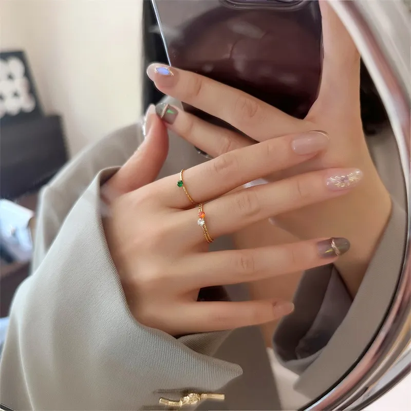 Zeer Dunne Mooie Ring Fijn Diamant Kristal Roestvrij Staal Waterdicht 18K Gouden Ring Ins Mode Eenvoudige Index Meisjes Vinger Ring