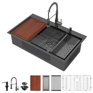 Évier de cuisine professionnel en acier inoxydable 304 fait main, à cuve unique profonde, noir, à montage sur plan de travail - Product Image 1