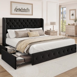 Chất lượng cao đầy đủ Nữ Hoàng Vua Kích thước nhung đen bọc nền tảng GIƯỜNG KHUNG với wingback Đầu Giường 4 ngăn kéo lưu trữ - Product Image 1