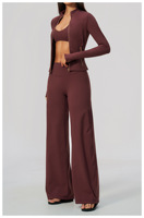 Ensemble 3 pièces de sport transfrontalier pour le yoga et la course à pied : veste zippée à manches longues anti-transpiration, soutien-gorge et pantalon évasé
