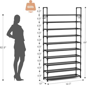 Étagère à chaussures moderne en métal à 10 niveaux, grande capacité (50 paires), avec deux crochets, design robuste pour entrée, <span class=keywords><strong>placard</strong></span> et chambre - Product Image 3