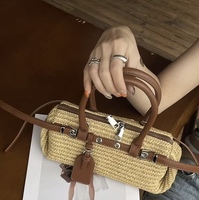 Tas Mini Wanita Trendy, Selempang Satu Bahu, Tas Anyaman dengan Ritsleting untuk Pantai
