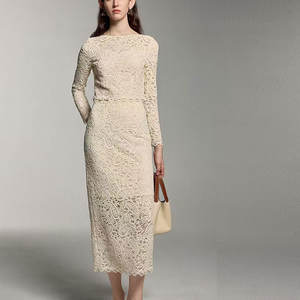 Nouveau col rond manches longues dentelle costume deux pièces chemisier tricoté taille haute jupe longue tenues pour femmes - Product Image 5