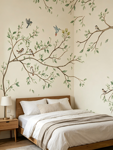 <span class=keywords><strong>Papier</strong></span> <span class=keywords><strong>peint</strong></span> personnalisé en aquarelle avec feuilles vertes et oiseaux, motif minimaliste de branche d'arbre, pour salon, chambre, chambre d'enfant, décoration murale de la maison - Product Image 3