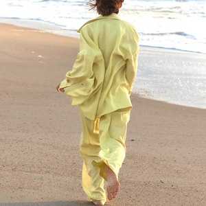 Conjunto de Camisa de Manga Larga y Pantalones Elásticos Casuales de Color Sólido para Mujer, Conjunto de Camisa de Lino de Alta Calidad 2025 - Product Image 3