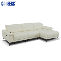 MANWAHCHEERS Multifunktionales Ausziehbares Wohnzimmer-Sofa aus Echtleder in Cremefarbe, Elektrisch Verstellbares Schlafsofa mit Chaiselongue
