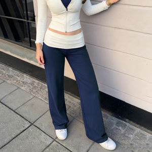 Breathable Knit Wide Leg Pants <b>with</b> Low <b>Waistband</b> & Flat Front Design-Comfortable Casual <b>Trousers</b> - Product Image 1