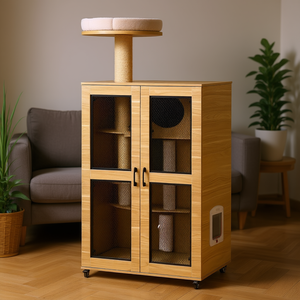 Casa para gatos de roble con postes rascadores, jaula para gatos y recinto tipo árbol para gatos con ruedas bloqueables - Product Image 2