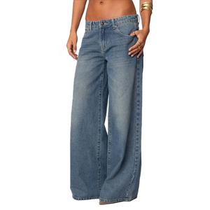 Vaqueros de mujer vintage con logo personalizado, lavado medio, cintura baja, pierna ancha, corte bootcut, holgados, estilo pantalón largo hasta el suelo, venta al por mayor - Product Image 3