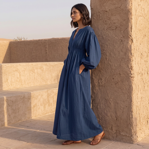 Premium Navy Blue Plain Cotton <b>Linen</b> Puff Sleeve Maxi <b>Dress</b> Loose Fit Elastic Waist V-Neck Casual Summer Solid Maxi <b>Dress</b> - Product Image 1