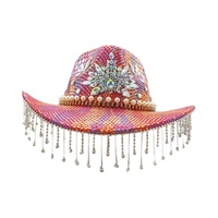 Chapeaux de fête personnalisés pour femmes, style bohème western, avec imprimé serpent arc-en-ciel, fleurs, perles et strass, pour festivals et événements.