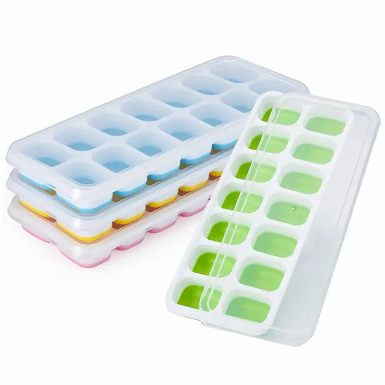Easy-Release Silicone and Flexible 14 Ice Cube Trays with Spill-Resistant Removable Lid