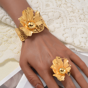 oversized hollow floral copper bulk wholesale 18k gold plated designer <b>bangle</b> bracelet matching fashion jewelry ring <b>set</b> - Product Image 2