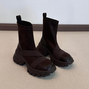 Bottines athlétiques rétro en cuir de vachette avec patchwork, plateforme de 7 cm, talon compensé invisible, bottes chaussettes extensibles amincissantes pour petites silhouettes - Product Image 2