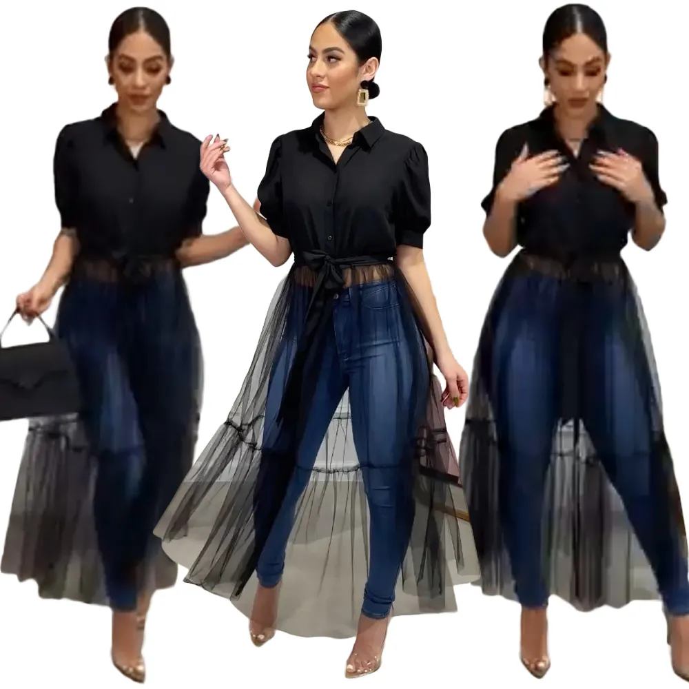 New Sexy Black Blouse Women Sleeve Shirts Summer Fashion Half Sleeve Lace Mesh Long Frill Blouse Tops