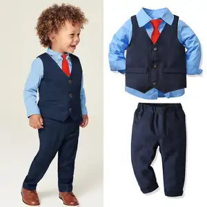 नेवी धारीदार बनियान + टाई के साथ नीली लंबी बांह की शर्ट + पैंट 4 पीसीएस फेस्टिवल परफॉर्म ड्रेस किड्स आउटफिट बॉय फॉर्मल सूट सेट