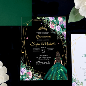 Invitation de Quinceañera de luxe en acrylique transparent rose avec motif floral espagnol et impression personnalisée - Product Image 4