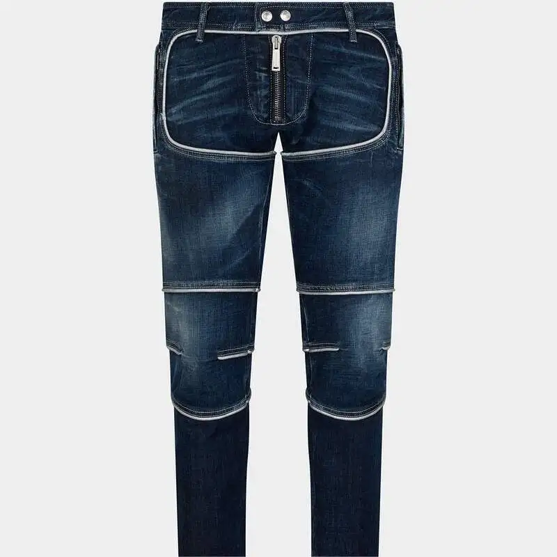 Hoge Kwaliteit Blauw Custom Logo Gescheurde Fit Benen Donkere Vintage Wassen Custom Denim Heren Distressed Gewassen Jeans